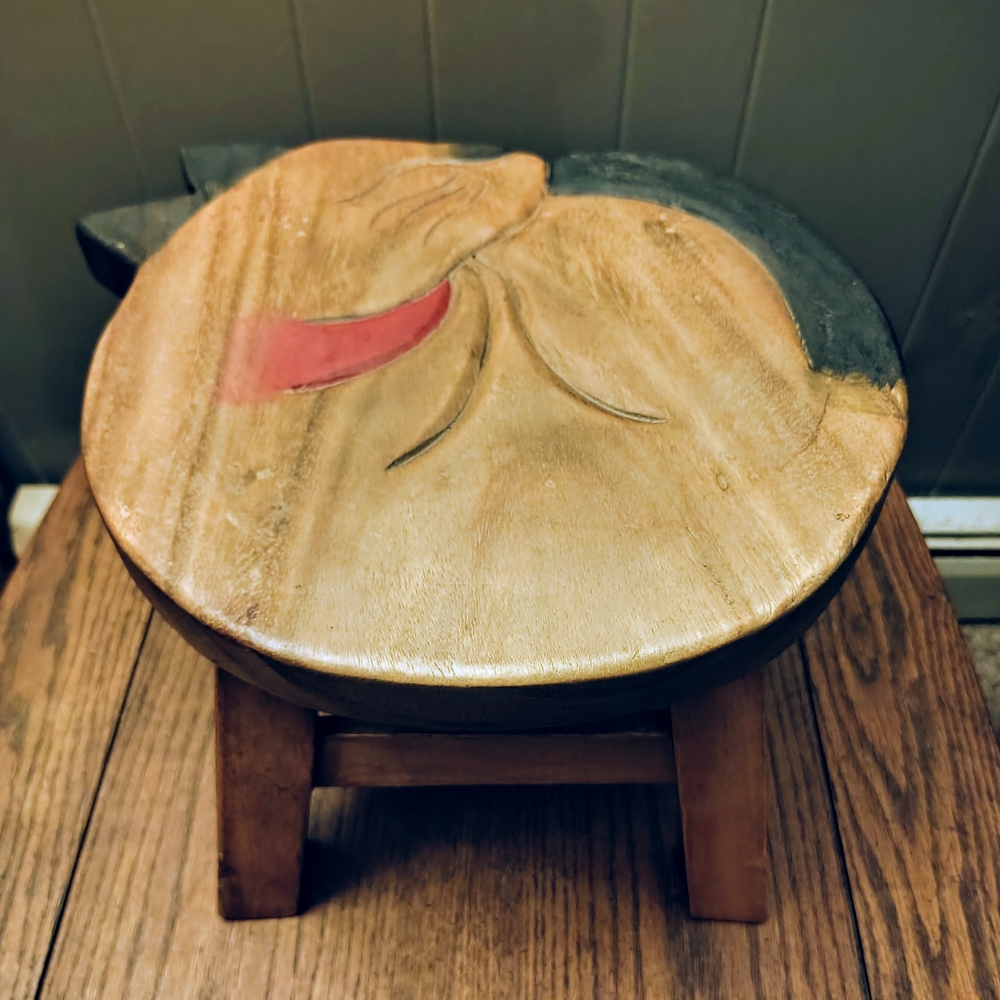 Kids Wooden Animal Stool in Natural Wood and Black with Red Accent
